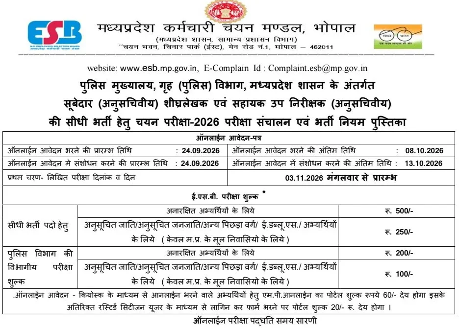 MPESB ASI & Subedar Steno Bharti 2026